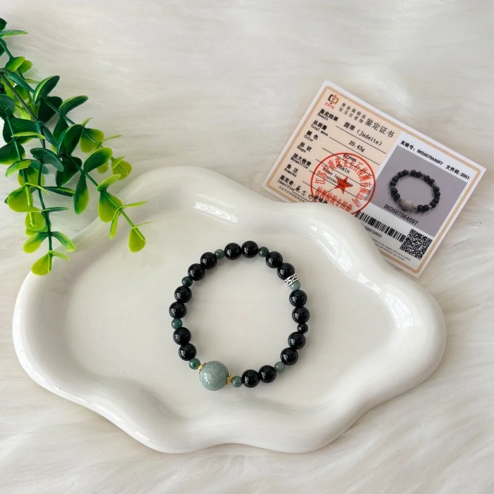 Authentic Jadeite Beaded Bracelet with Silver and Gold Accents  20.43g